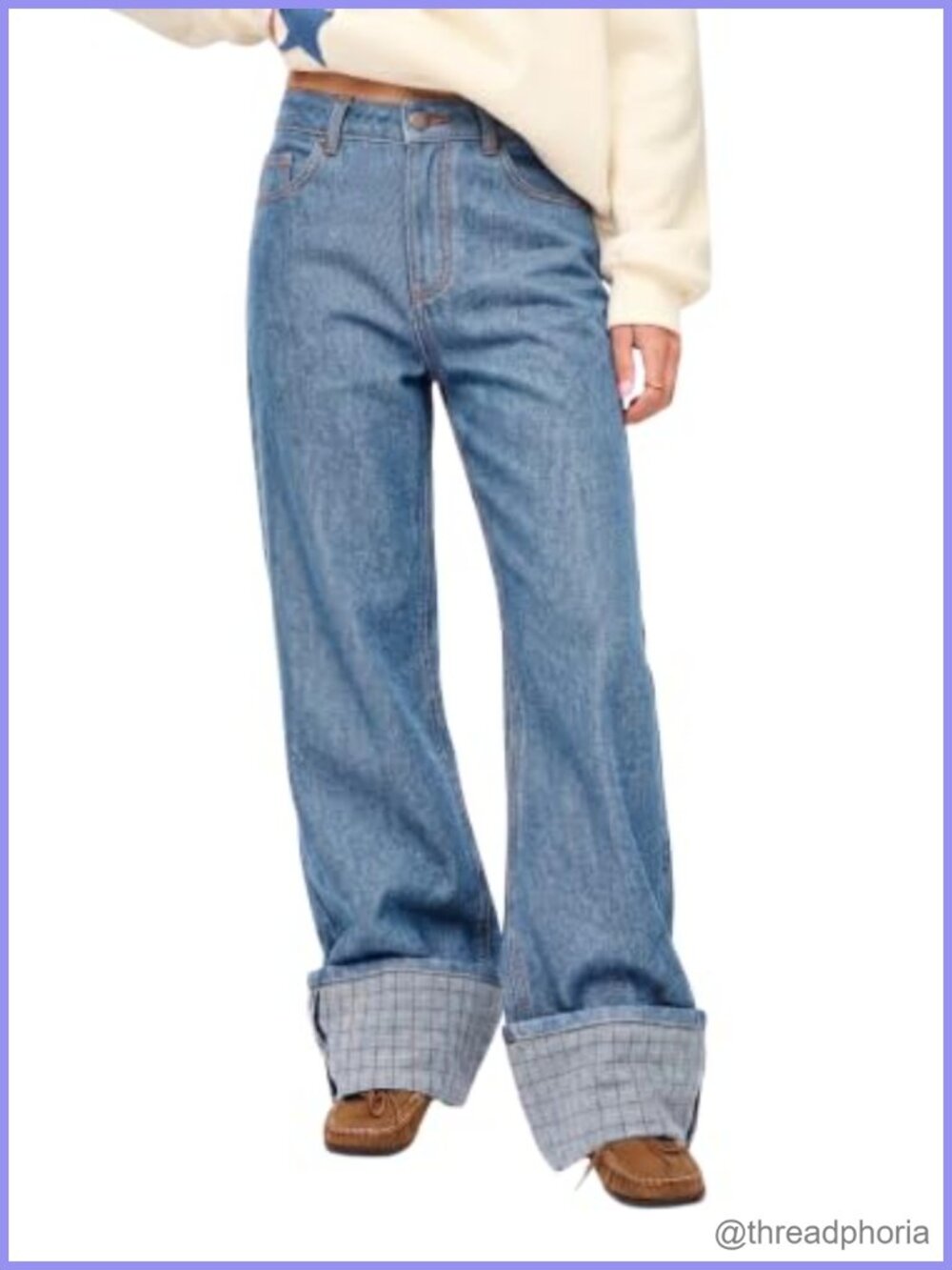 Tankaneo Wide Leg High Waisted Cuffed Plaid Baggy Denim Jeans